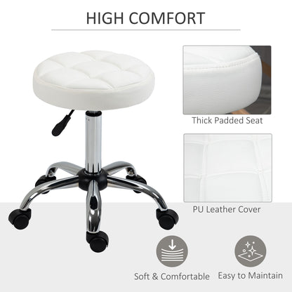 Beauty Stool, Set of 2, Armless , Height Adjustable on Wheels with PU Leather for Hairdressing, Spa, White