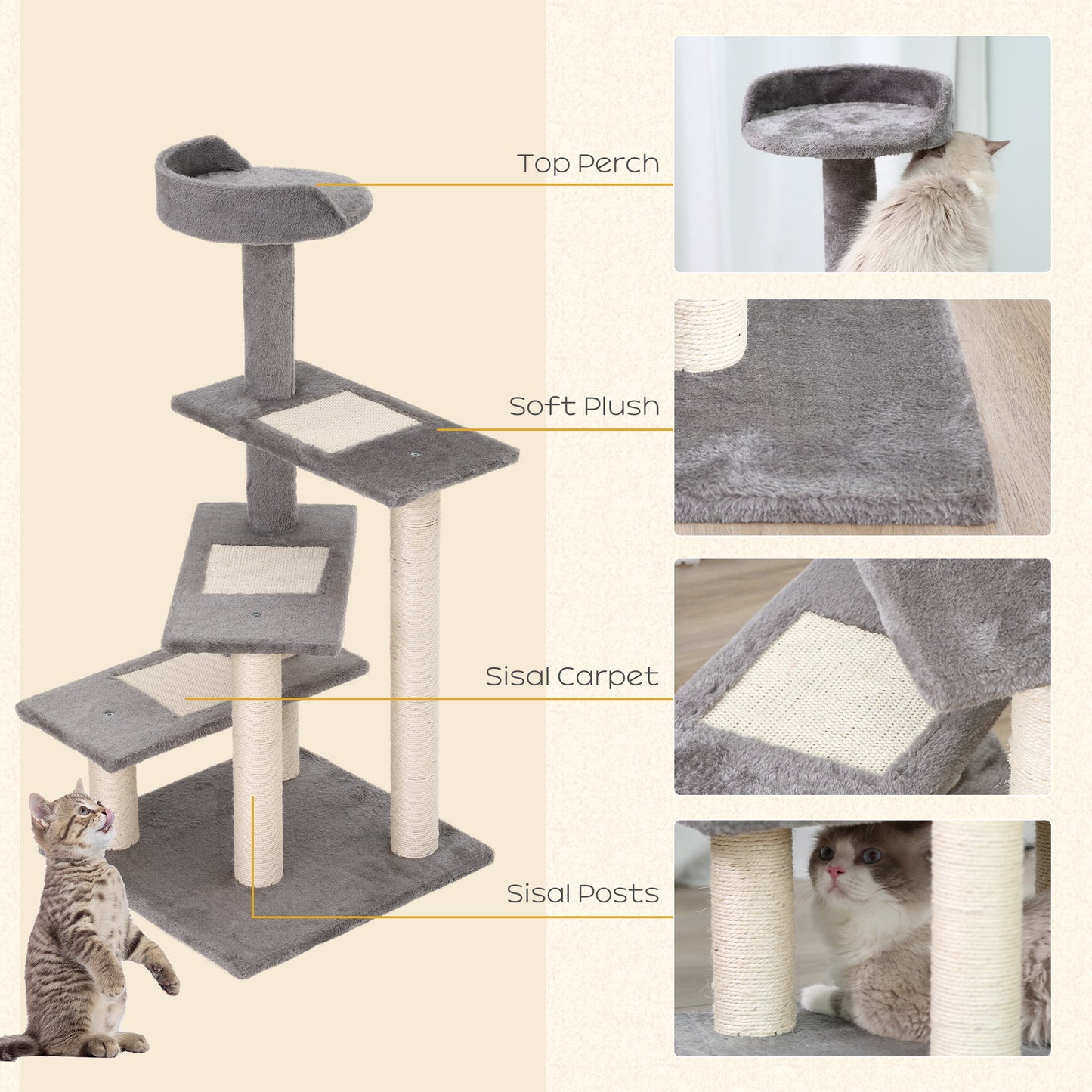 101cm Cat Tree Cat Tower Scratching Post Climbing Tree for Kitten Portable Activity Center Beige Grey