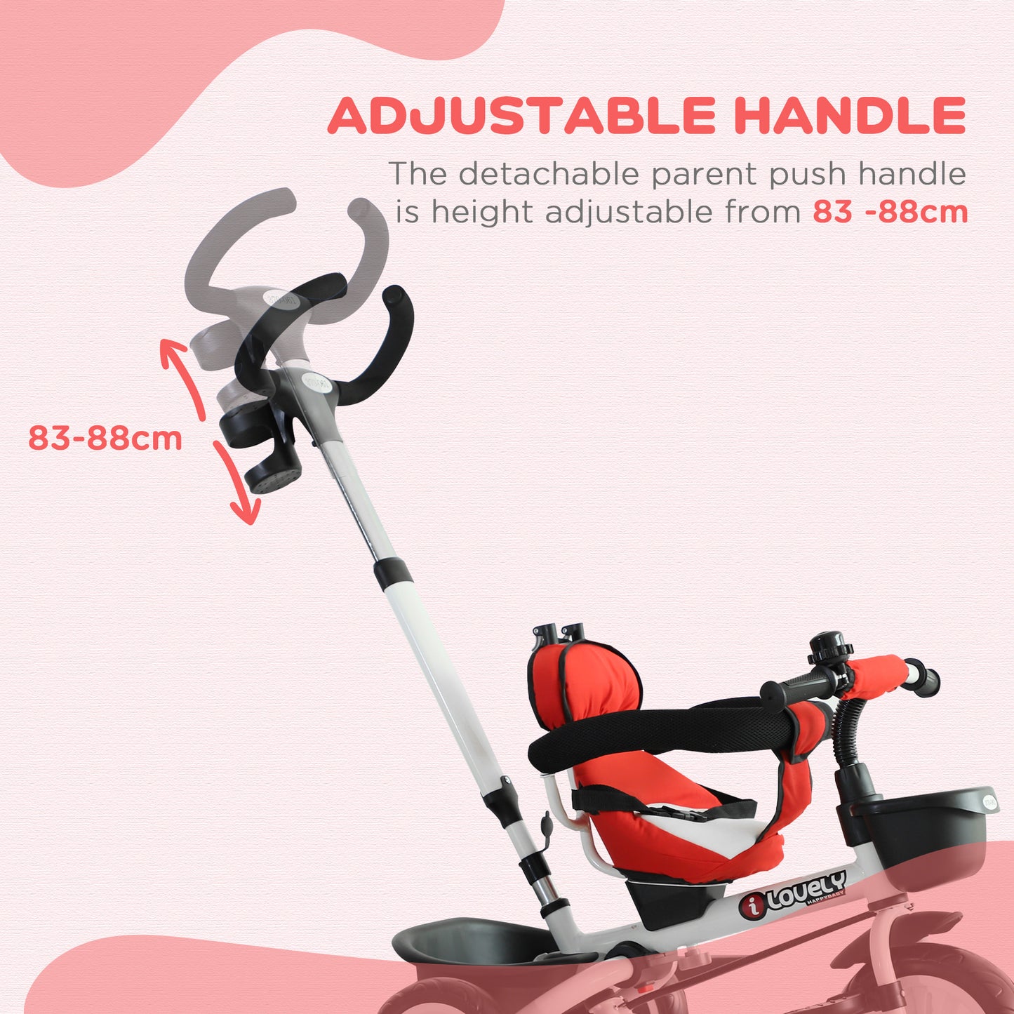 4-in-1 Baby Tricycle Stroller Kids Folding Trike Detachable Canopy Pushing Handle Learning Bike Ride On Red w/ 2 Colors