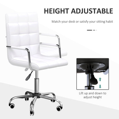 Meeting Chair, Mid Back PU Leather Home Office Desk Chair Swivel with Arm, Wheels, Adjustable Height, White