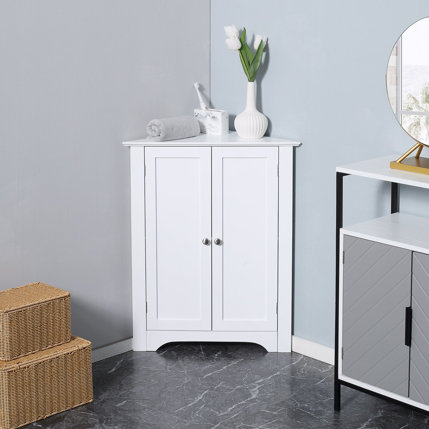 kleankin Triangle Bathroom Cabinet, Corner Bathroom Storage Unit with Adjustable Shelf and Recessed Door, Free Standing, White