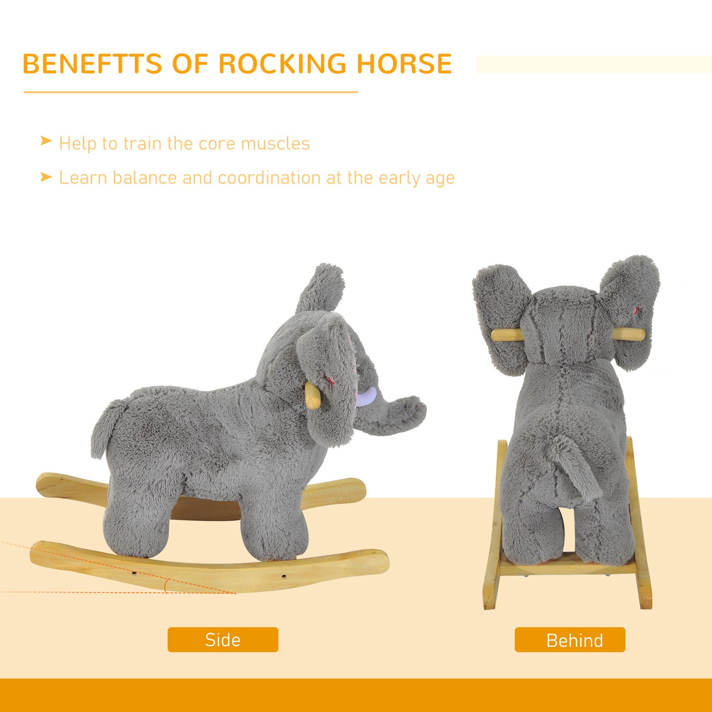 Elephant Rocking, Animal Rocker Wooden Kids Plush Ride On Elephant-Grey