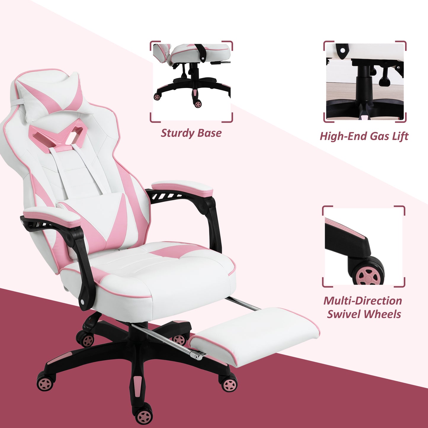 Pink Gaming Chair with Footrest, Office Desk Chair Adjustable Height Recliner w/Wheels, Headrest, Lumbar Support