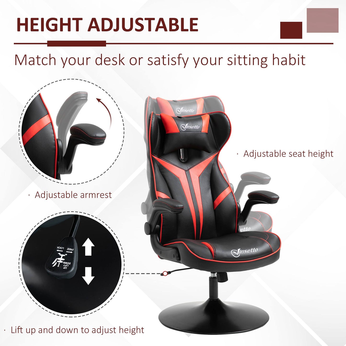 Black Red Gaming Chair, Faux Leather with Flip-up Armrests, 360° Swivel Base, Headrest, Red