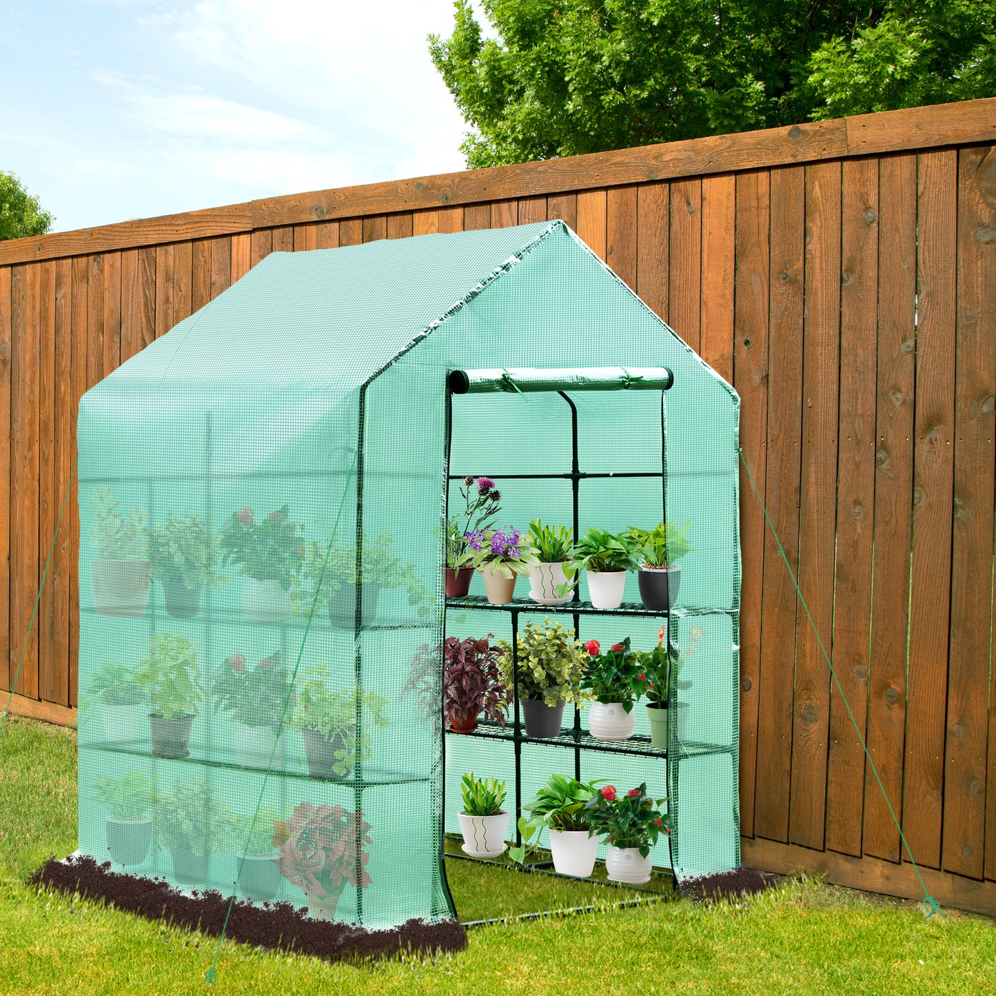 Outsunny Walk in Greenhouse W/ Shelves, M size-Dark Green