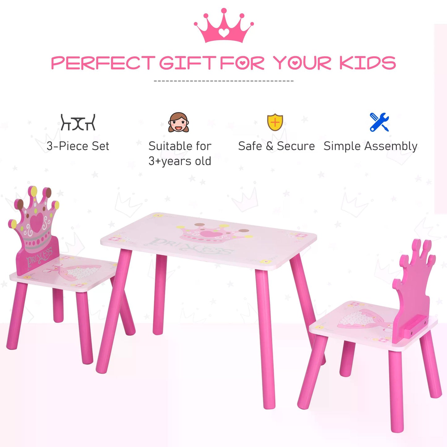 Kids Desk and Chair Set, 3-Piece, with Crown Pattern Easy to Clean Gift for Girls Toddlers Age 3 to 8 Years Old Pink