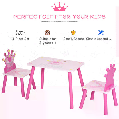 Kids Desk and Chair Set, 3-Piece, with Crown Pattern Easy to Clean Gift for Girls Toddlers Age 3 to 8 Years Old Pink