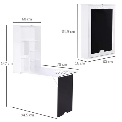 MDF Folding Wall-Mounted Drop-Leaf Table with Chalkboard Shelf Bookcase White