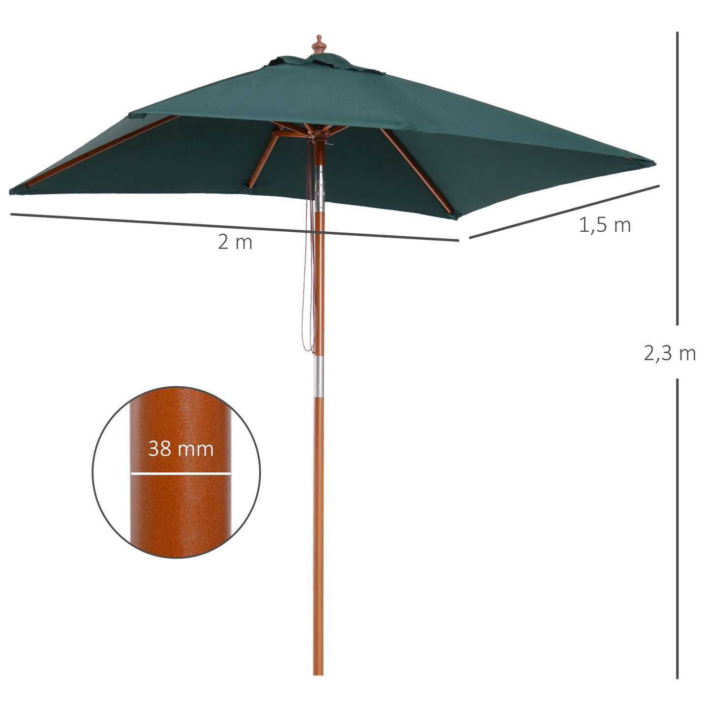 2mx1.5m Patio Parasol Garden Umbrellas Sun Umbrella Bamboo Sunshade Canopy Outdoor Backyard Furniture Fir Wooden Pole 6 Ribs Tilt Mechanism