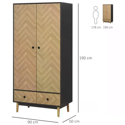 Cloth Wardrobe, Wood Grain Sticker Surface with Shelf, Hanging Rod and 2 Drawers 90x50x190cm