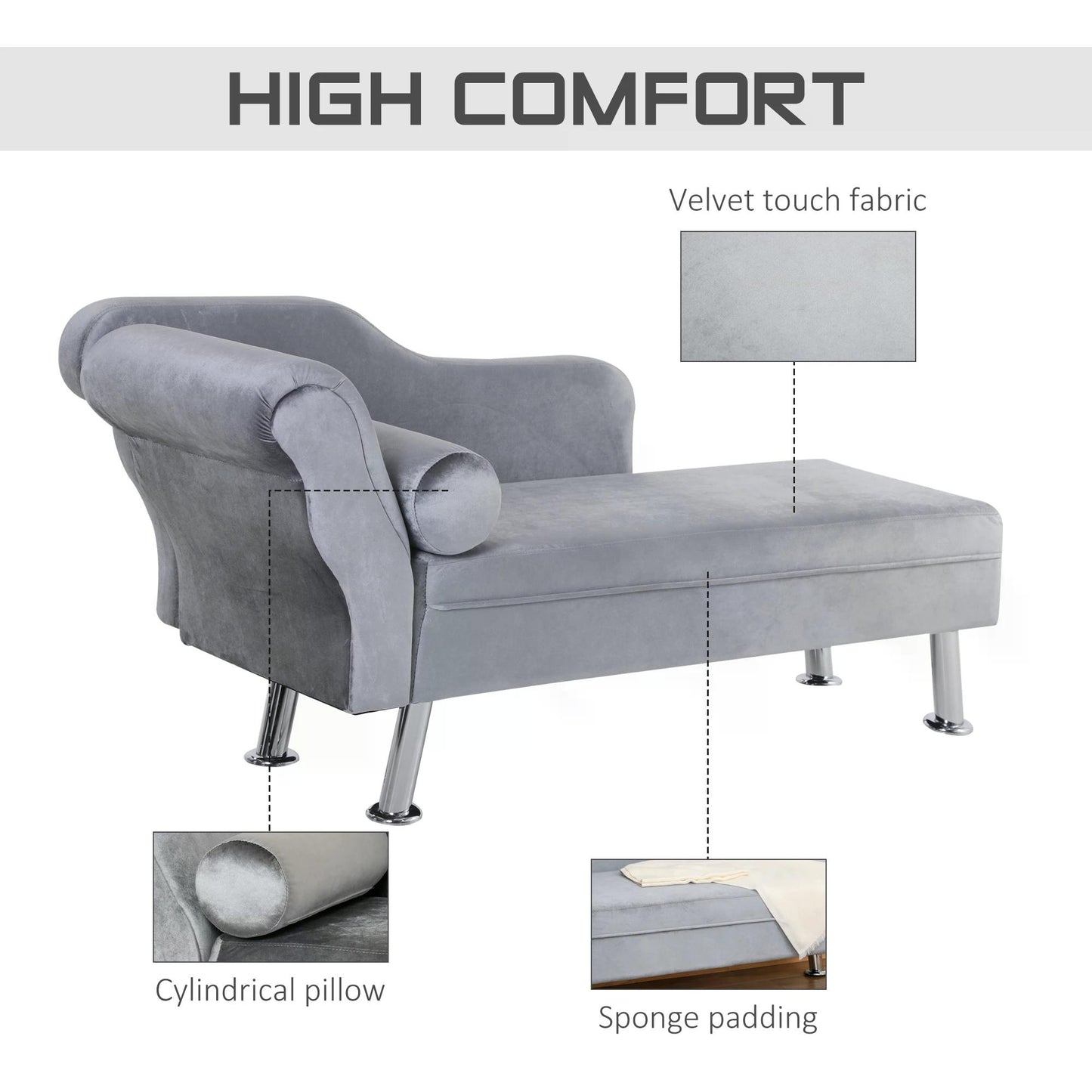 160cm Chaise Lounge Chair, Velvet Fabric Grey