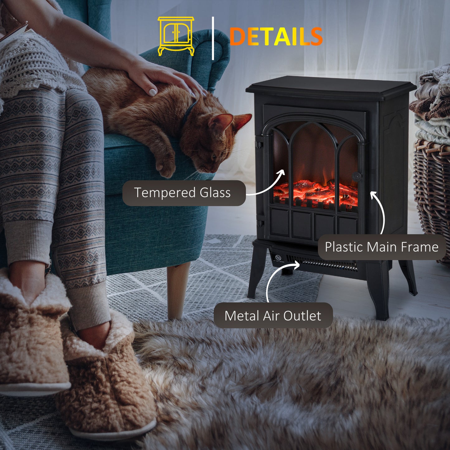 Freestanding Electric Fireplace Heater Black Stove w/ LED Flame Effect 1000W/2000W