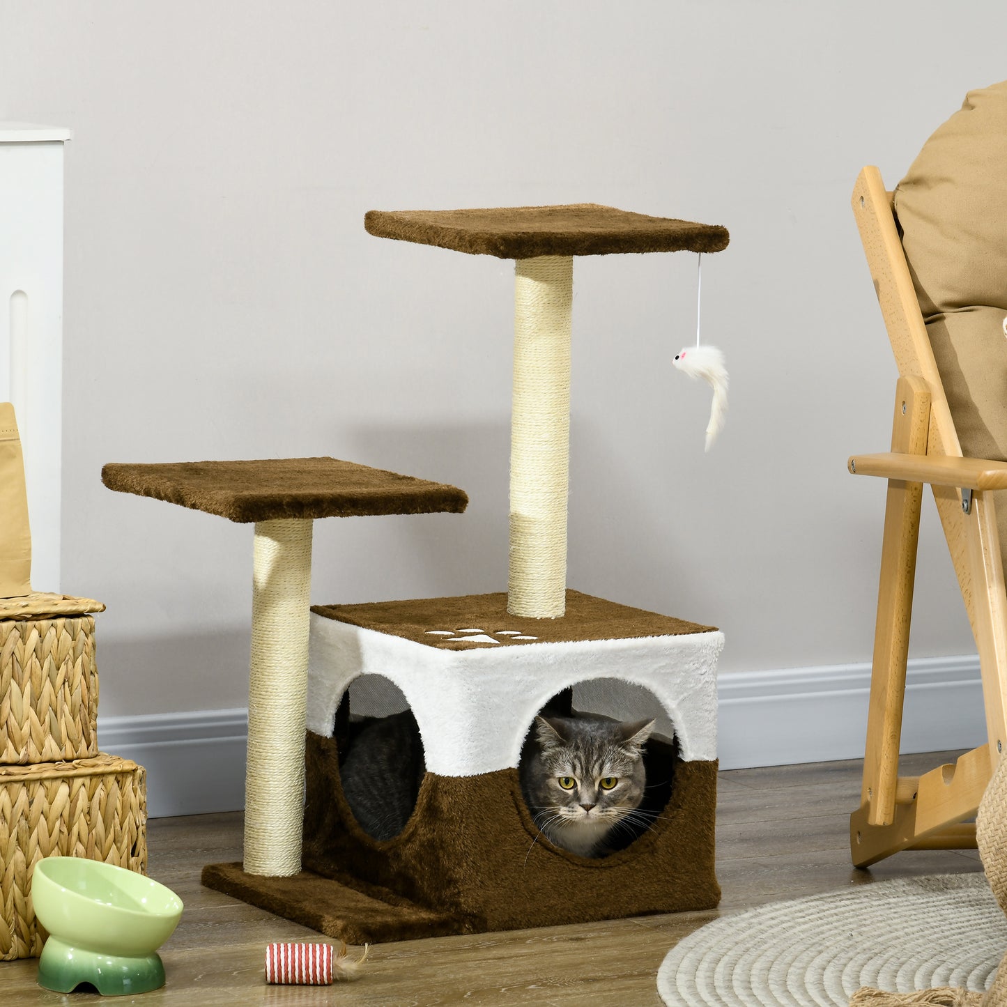 PawHut Cat Tree Tower Kitten House Scratching Posts W/ Condo Perch Interactive Mouse Toy 45 x 33 x 70 cm 