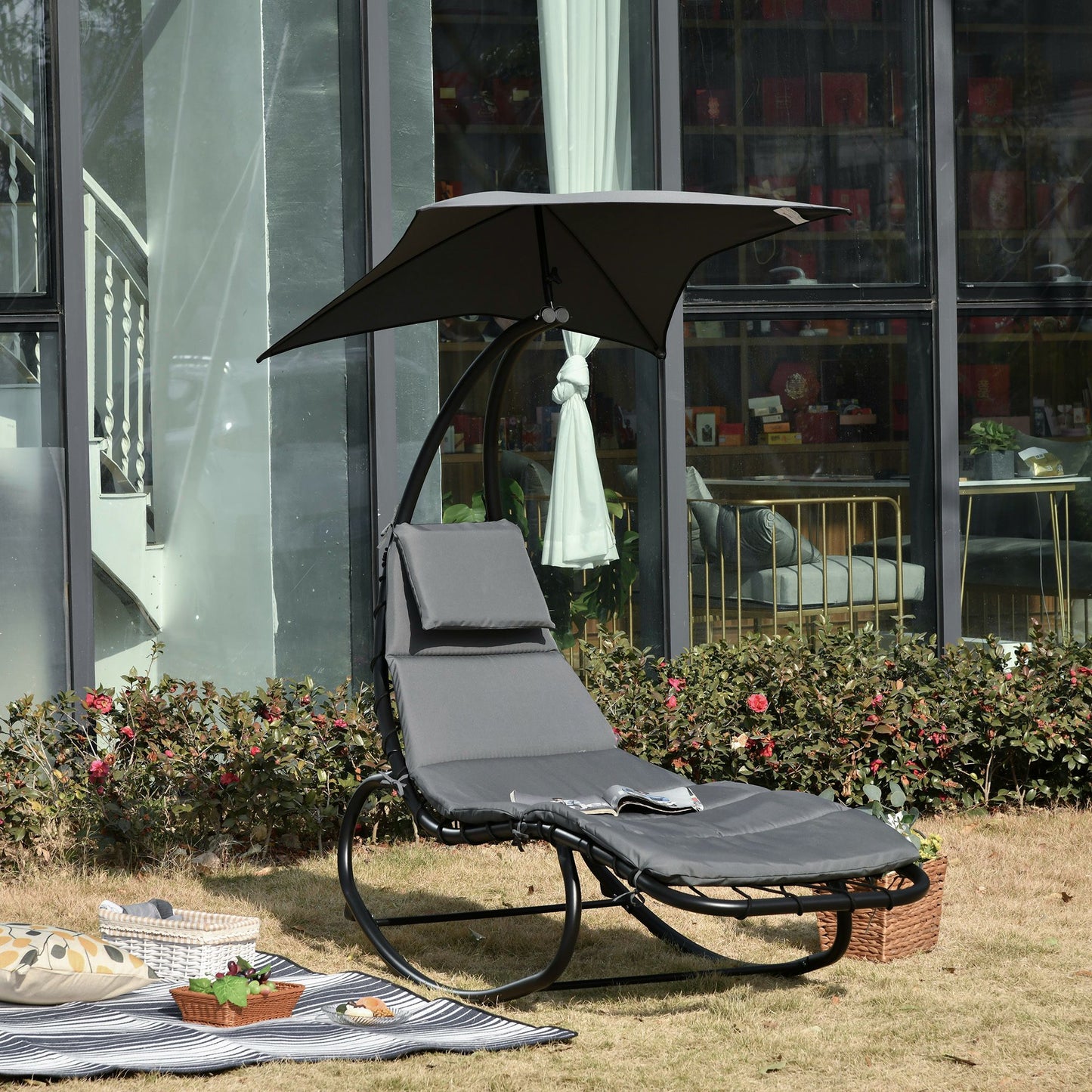 Outsunny Patio Rocking Chaise Lounge Rocking Bed with Canopy Cushion Headrest Pillow 