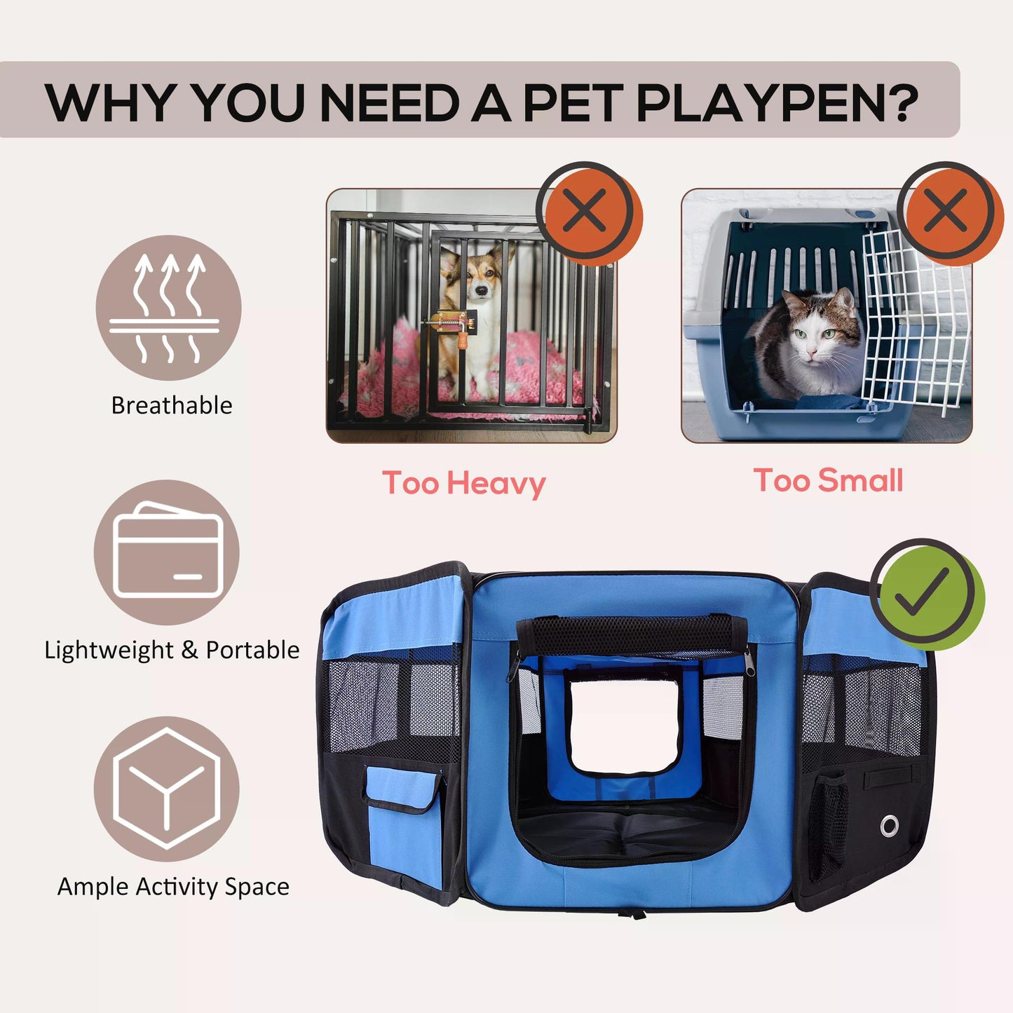 Fabric Pet Dog Playpen 8 panels Portable Octagon Shape Blue/Black Pet Playpen