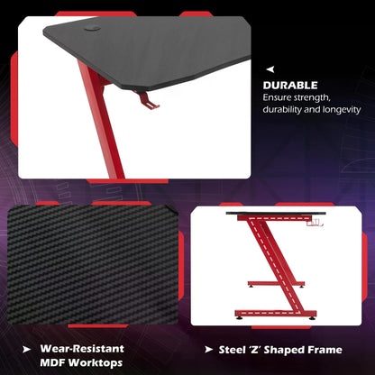 Gaming Computer Desk,  Steel Frame w/ Cup Headphone Holder Adjustable Feet Cable Organiser Home Office Red