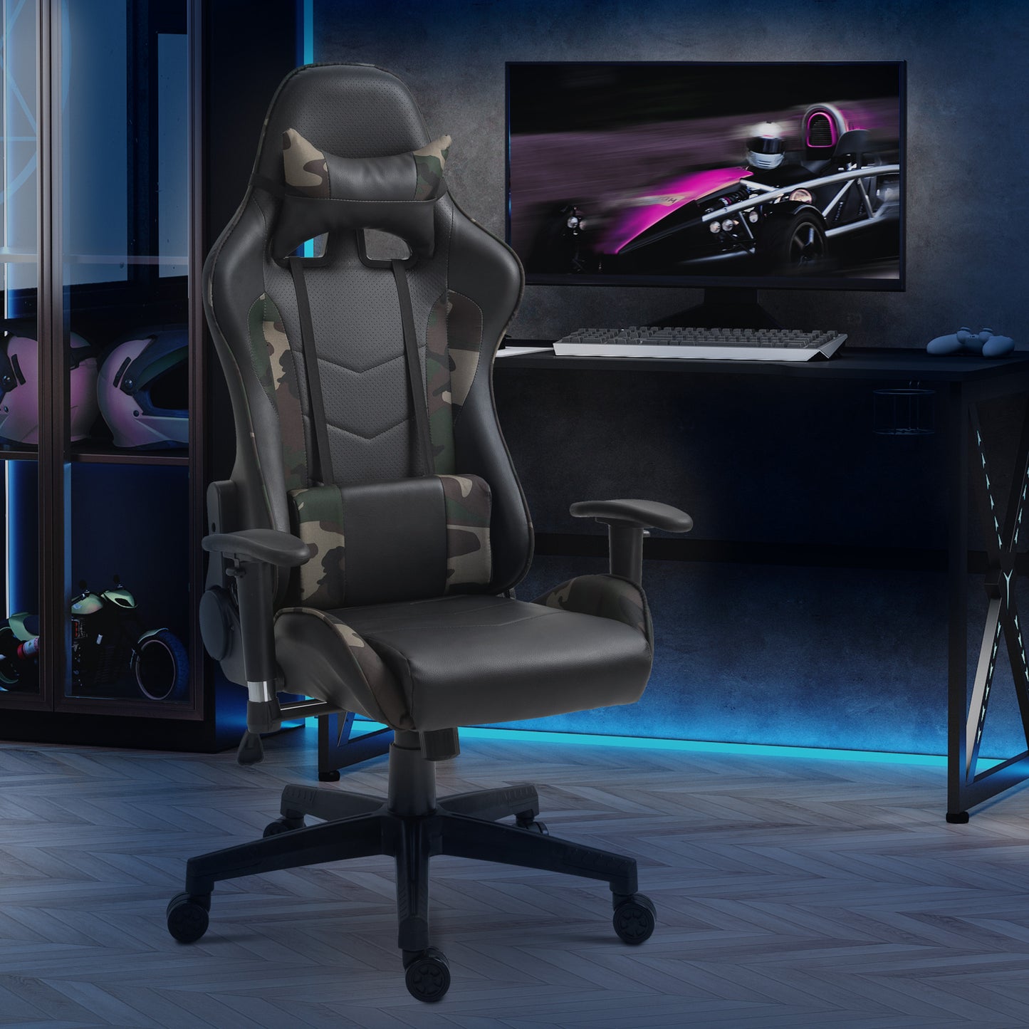 Vinsetto Reclining Gaming Chair, Ergonomic, w/Vibrating Lumbar Support, Headrest, High Back PU Leather , 360° Swivel, Black 