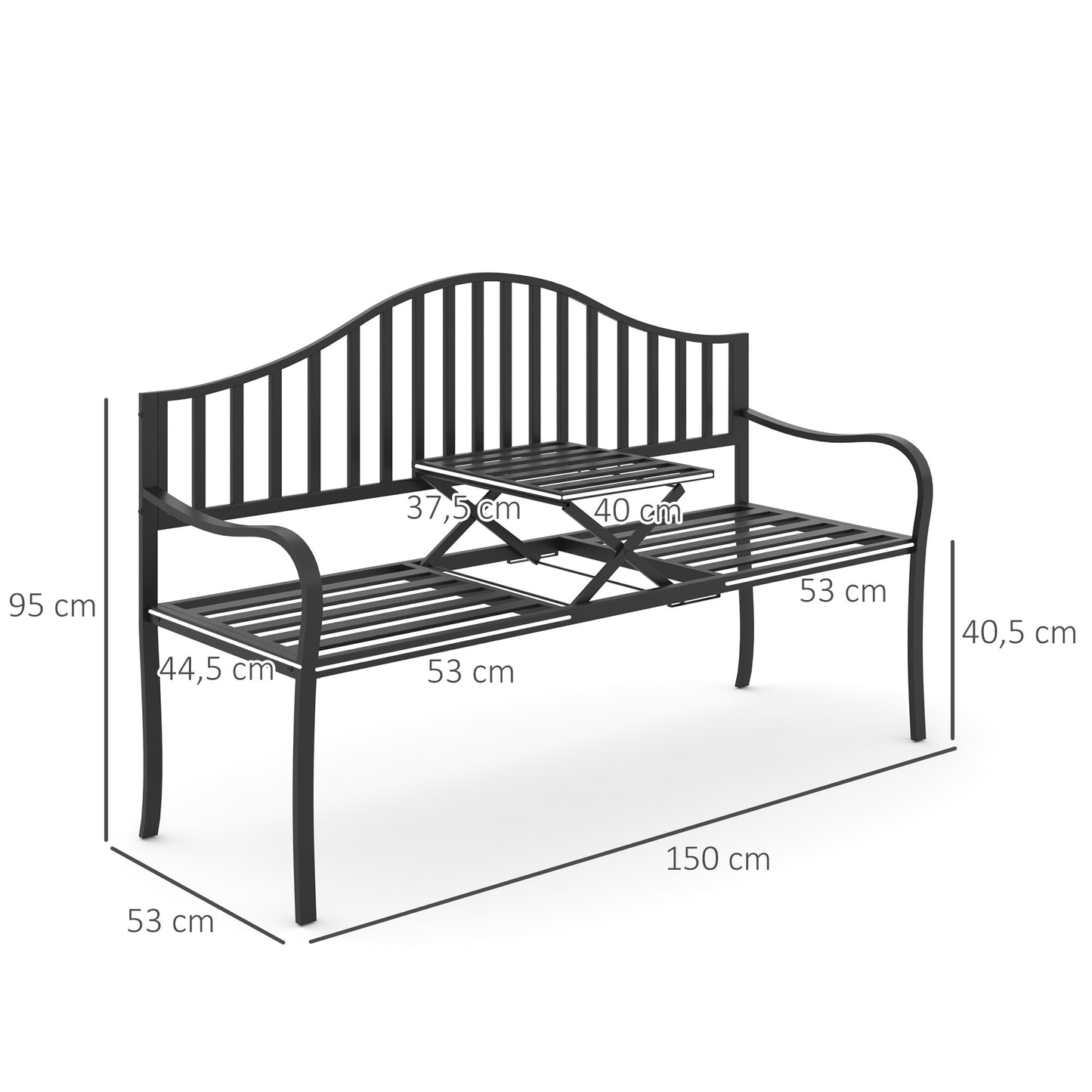 Outdoor Deluxe Metal Frame Patio Park Garden Bench Middle Table