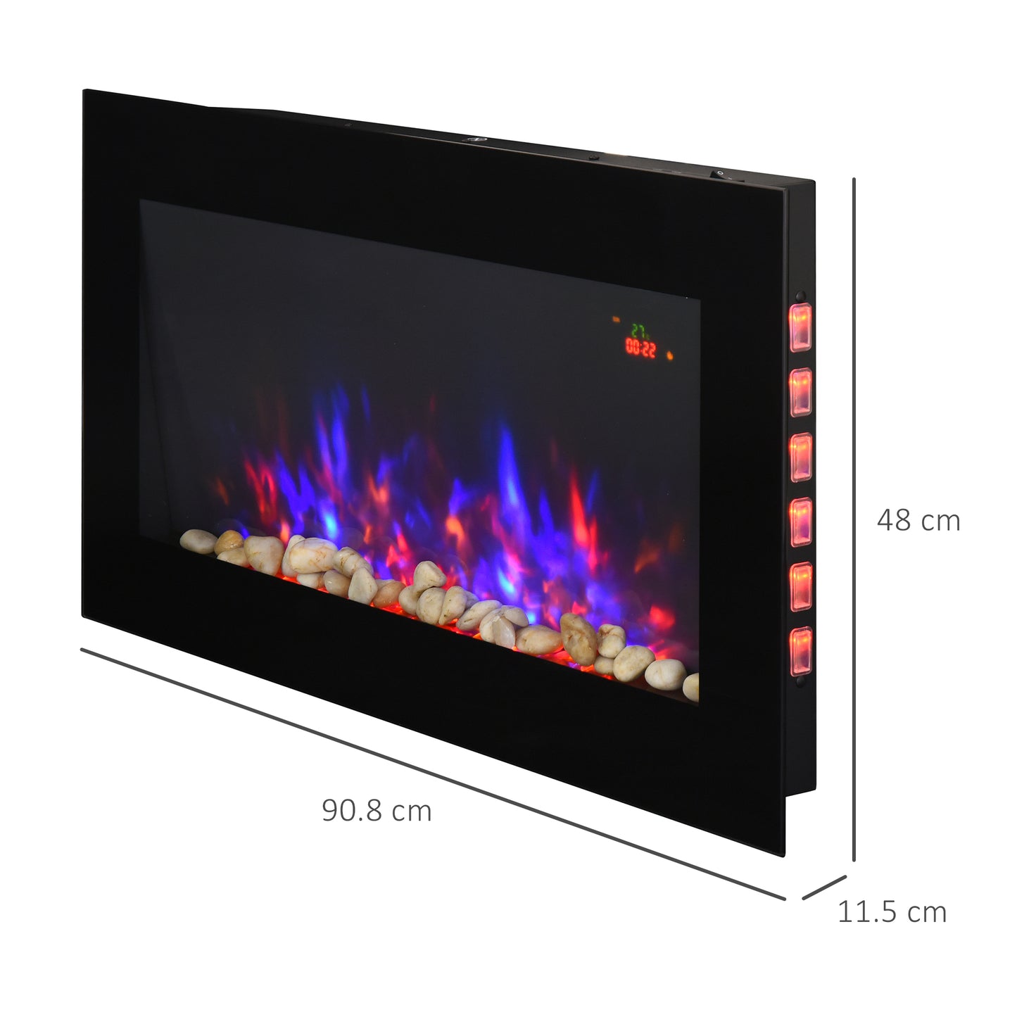 2000W Wall Mounted Tempered Glass Electric Fireplace Heater LED Wall Fires Black