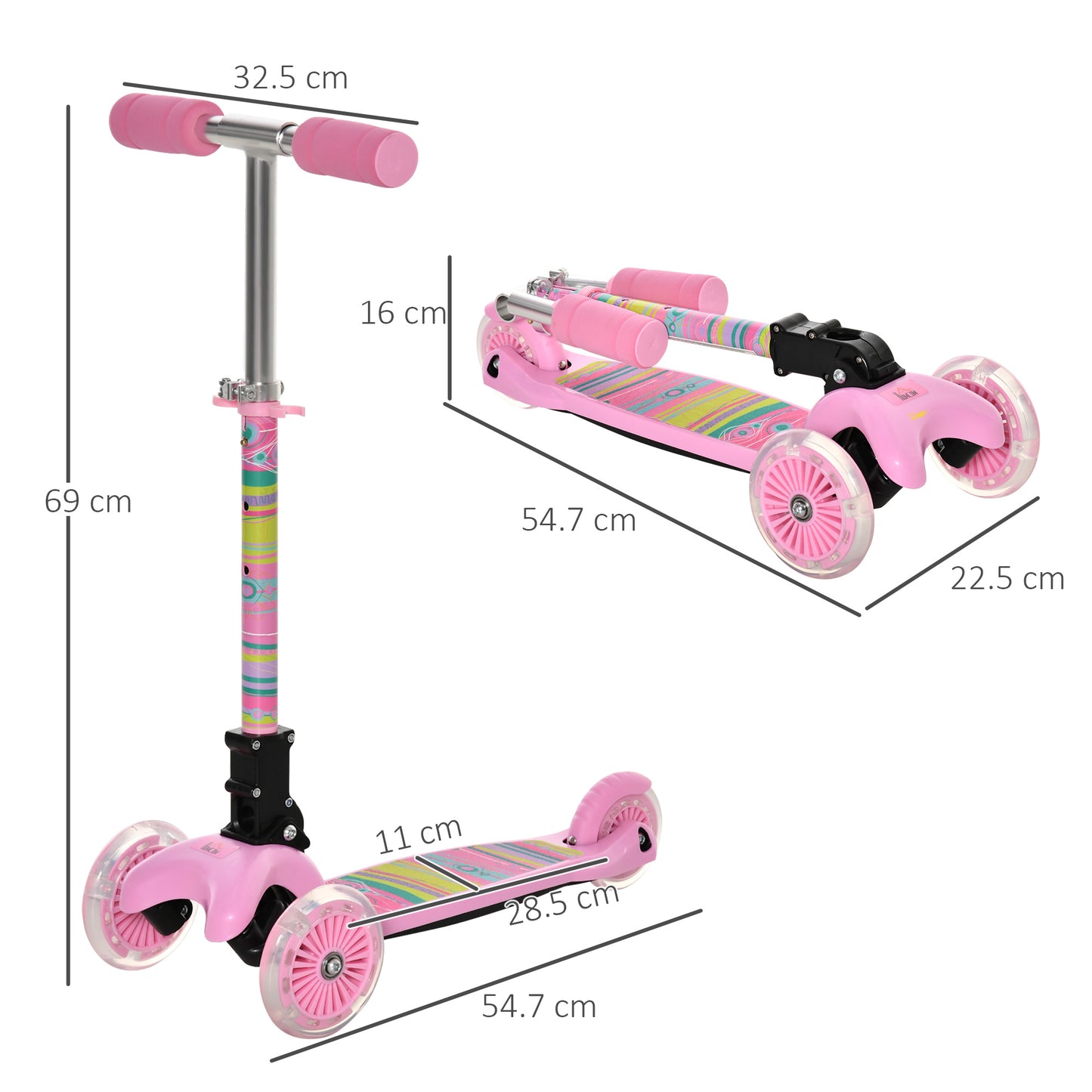 Toddler Scooter, 3 Wheel Scooter, Foldable Adjustable Height LED Flashing Wheels for Boys&Girls 3-8 Years Pink