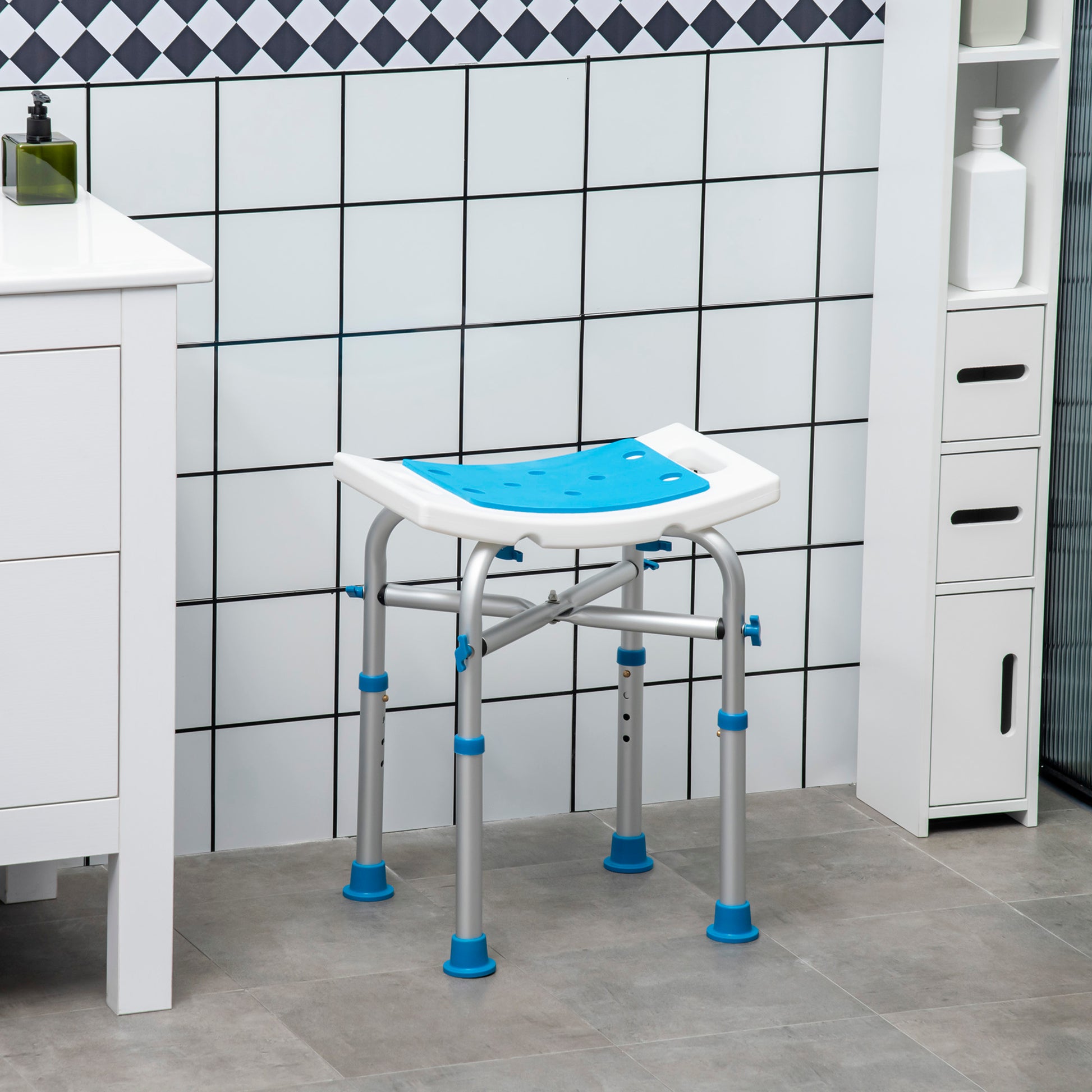 HOMCOM Bath Stool for Seniors, Adjustable Padded Shower Stool with Built-in Handle Non-slip Suction Foot Pads Blue 