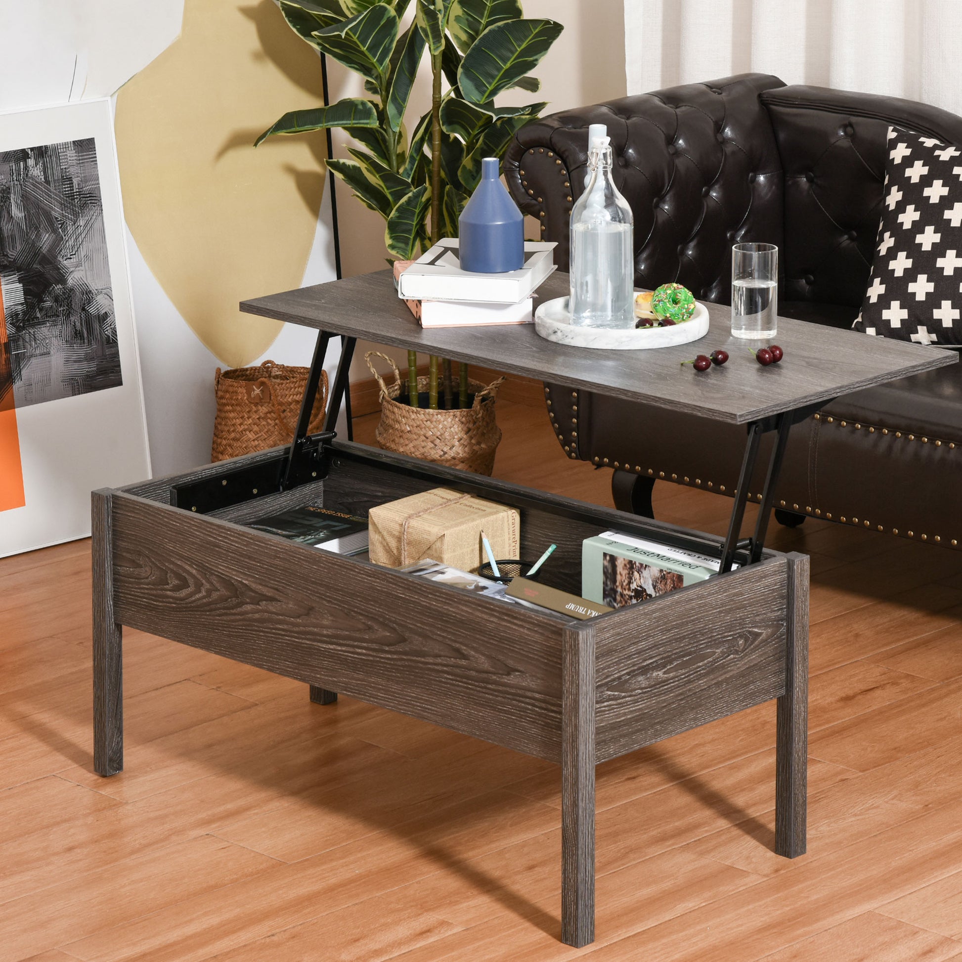 HOMCOM 98cm Modern Lift Top Coffee Table Convertible Tea Desk with Hidden Storage Compartment Floating Retractable Lift Top Table Grey