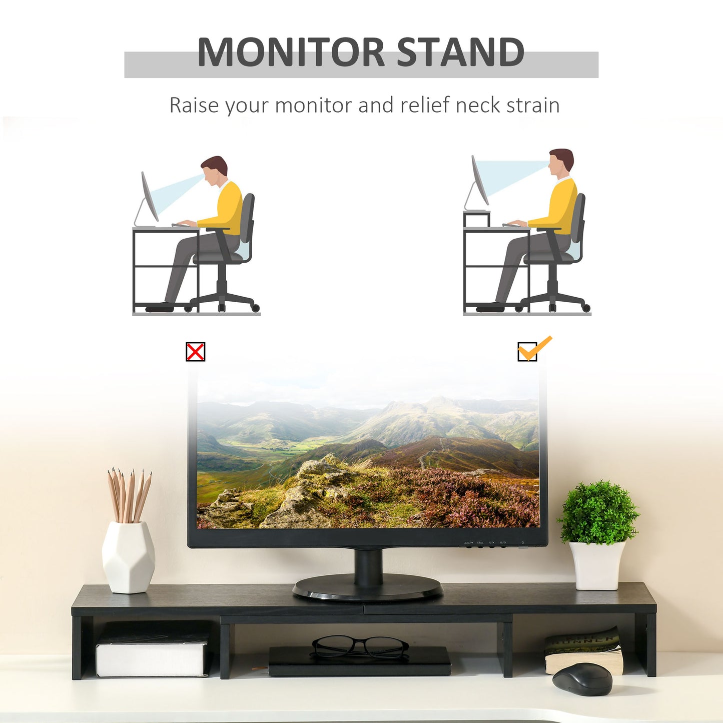 Adjustable Monitor Stand, with Adjustable Length and Angle, Screen Riser for Laptop, Computer, PC, Black