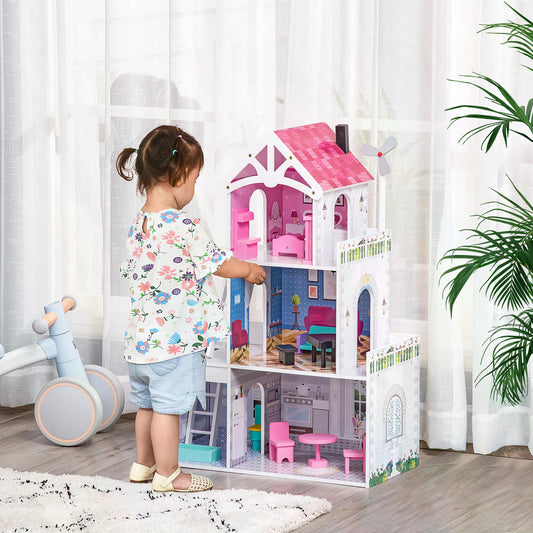 HOMCOM Kids Dollhouse Dreamhouse Villa for Toddler Girls Multi-level House for Children with Furniture Accessories Kit Pink 