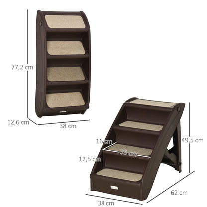 Puppy Steps for Bed, Foldable Four-Step, for Cats, Small Miniature Dogs, with Non-Slip Mats 62 x 38 x 49.5cm Brown