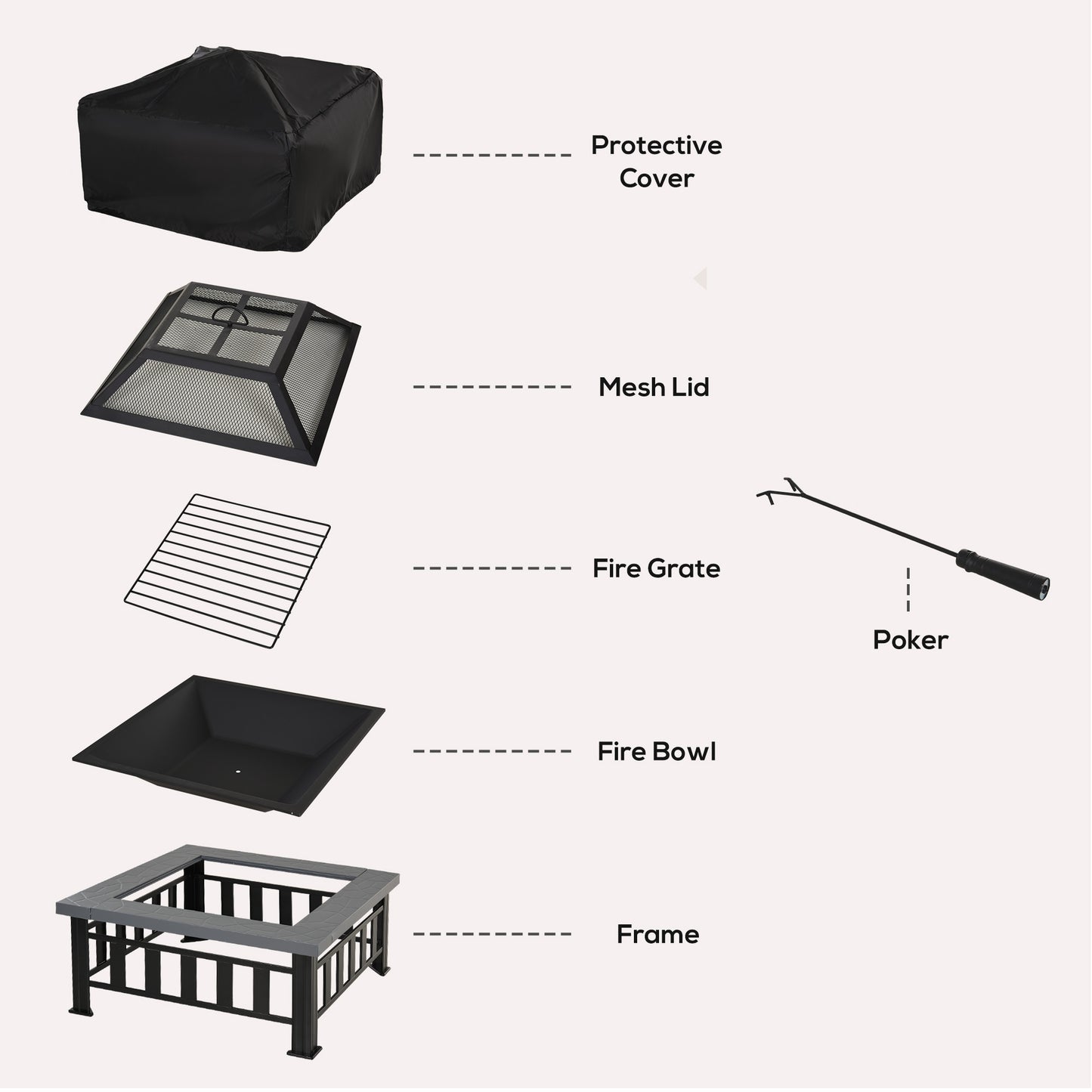 Patio Fire Pit, Square Metal Fire Pit With Waterproof Cover-Black/Grey