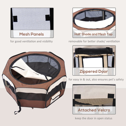 Fabric Pet Dog Playpen Octagon Shape 8 Panels Portable L37cm xH37cm xD95cm Brown and Cream