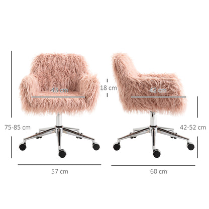 Faux Fur Desk Chair, Swivel Vanity Chair with Adjustable Height and Wheels for Office, Bedroom, Pink