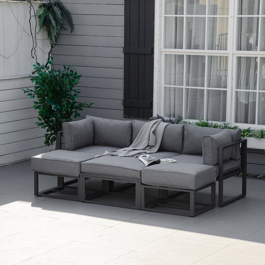 Outsunny Garden Daybed, 6 Piece Outdoor Sectional Sofa Set, Aluminum Patio Conversation Furniture Set with Coffee Table, Footstool and Cushions, Grey