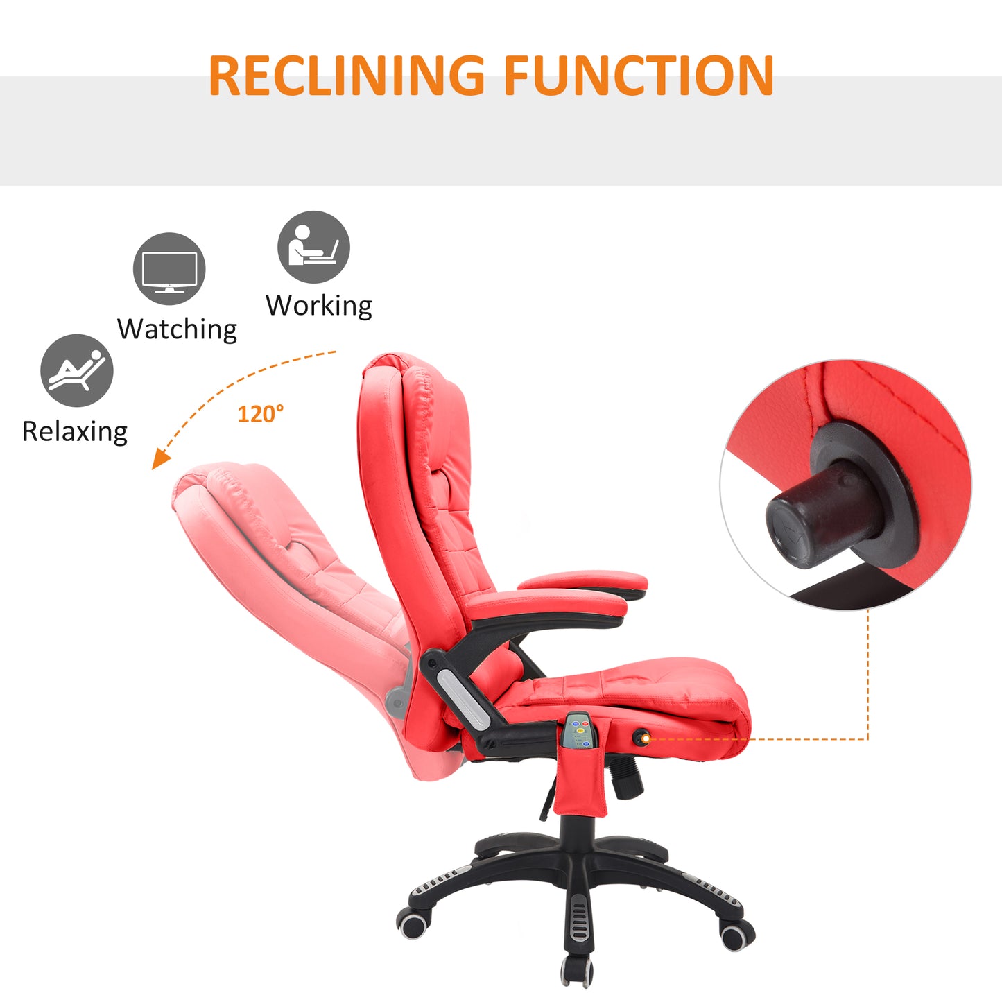 Ergonomic Office Chair, Massage Office Chair, Executive Office Chair, Leather, 135°Reclining, 360° Swivel, Rocking Function Red