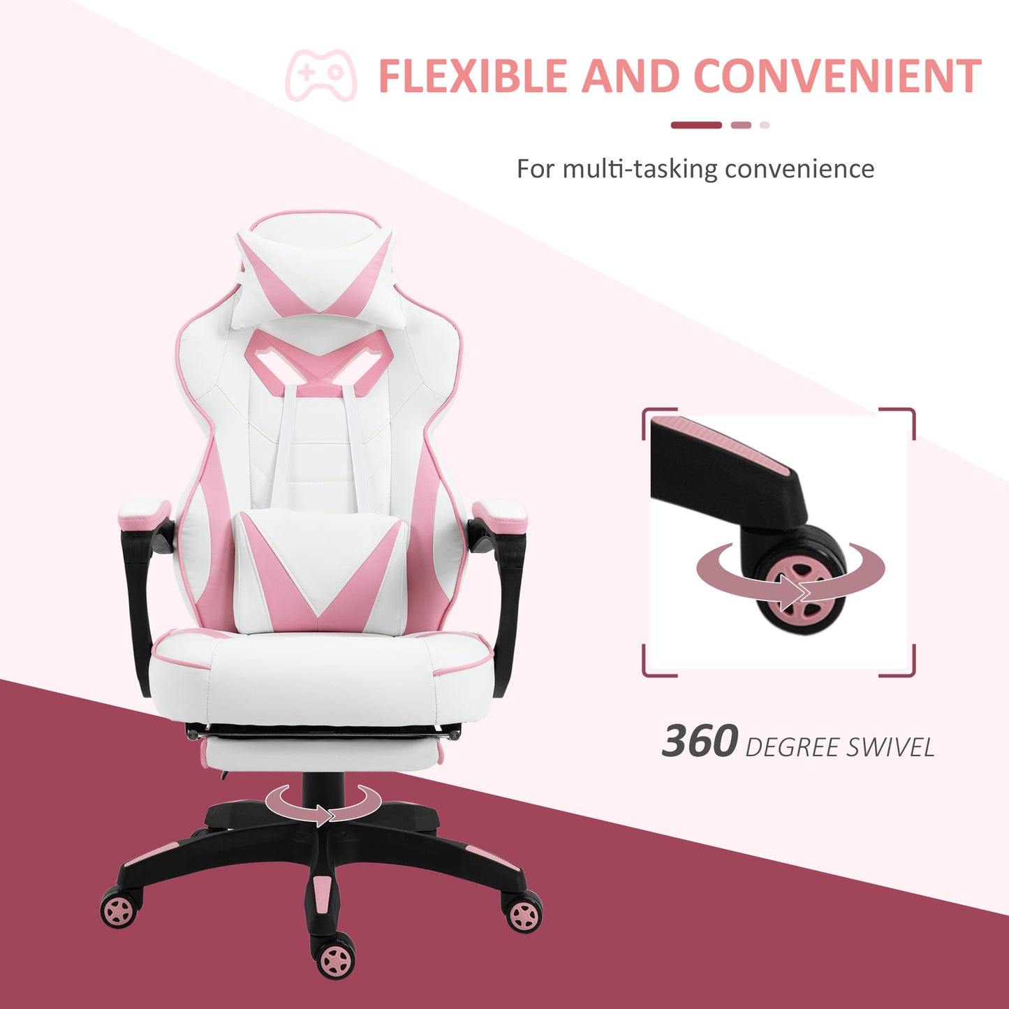 Pink Gaming Chair with Footrest, Office Desk Chair Adjustable Height Recliner w/Wheels, Headrest, Lumbar Support