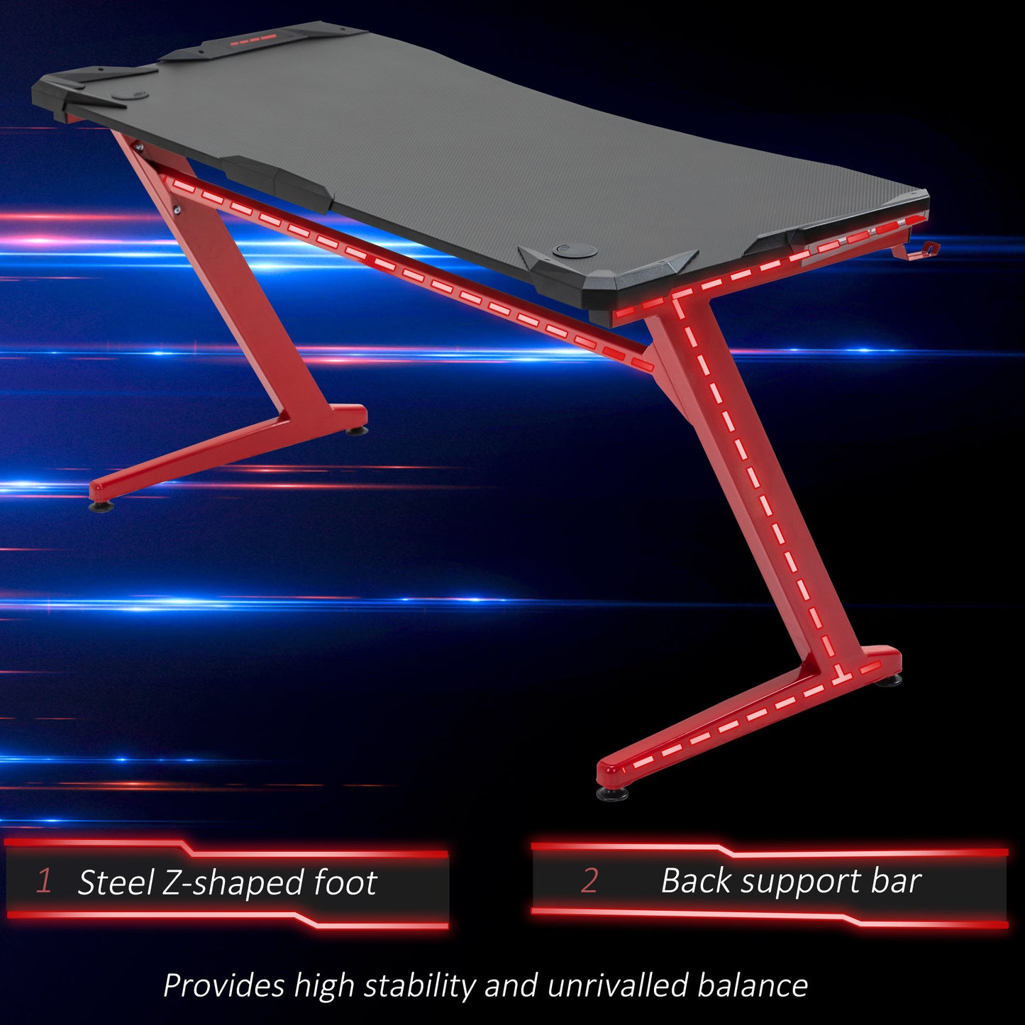 Computer and Gaming Desk,  142cm Width Large Tabletop with Cup Holder, Headphone Hook, Gamepad Holder