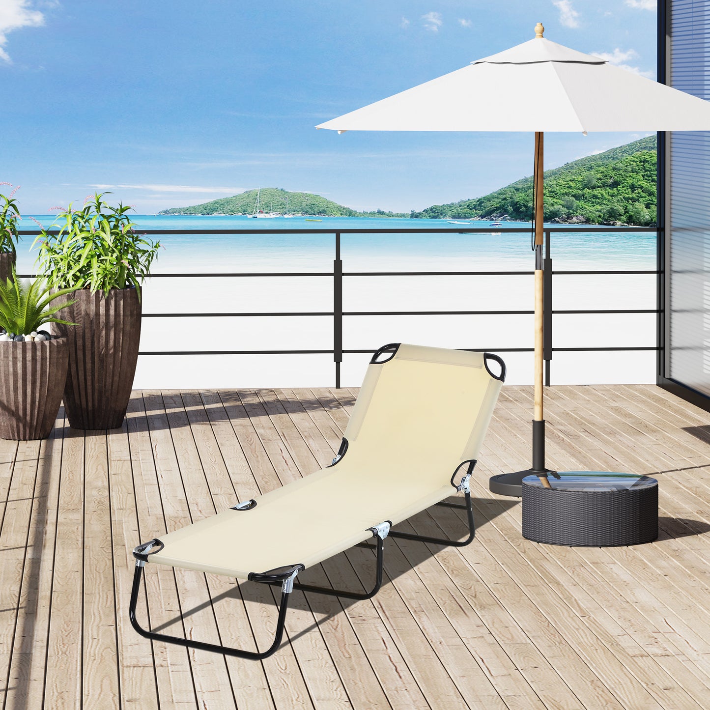 Outsunny Portable Outdoor Sun Lounger, Lightweight Folding Chaise Lounge Chair w/ 5-Position Adjustable Backrest for Beach Beige 