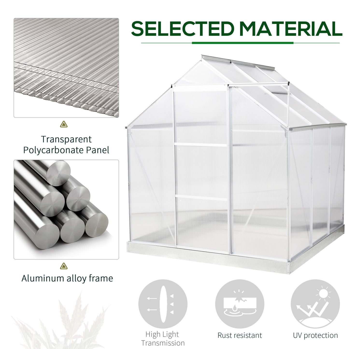 6 x 6 FT Walk-In Greenhouse Polycarbonate Panels Aluminium Frame w/ Sliding Door Adjustable Window 3.6㎡ Inner Area  Aosom IE