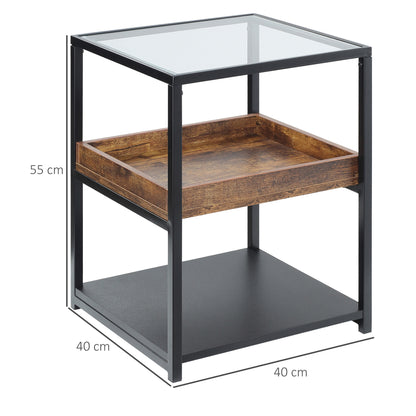 Glass Top Side Table, Industrial, with Storage Shelves, with Steel Frame for Living Room Rustic Brown