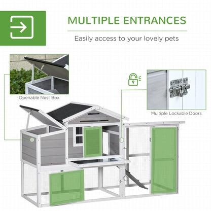 76" Wooden Chicken Coop, Outdoor Chicken House Poultry Hen Cage w/ Outdoor Run, Nesting Box Removable Tray Lockable Doors Grey