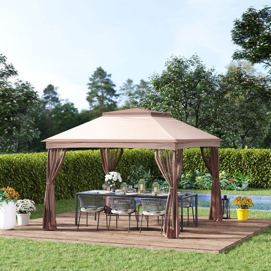 Outsunny 3.25 x 3.25m Pop Up Gazebo Outdoor Canopy Shelter w/2-Tier Roof Removable Zipper Sides Event Tent w/Large Shade Steel Khaki 