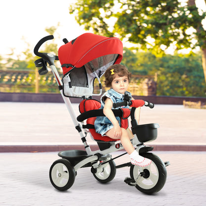 4-in-1 Baby Tricycle Stroller Kids Folding Trike Detachable Canopy Pushing Handle Learning Bike Ride On Red w/ 2 Colors