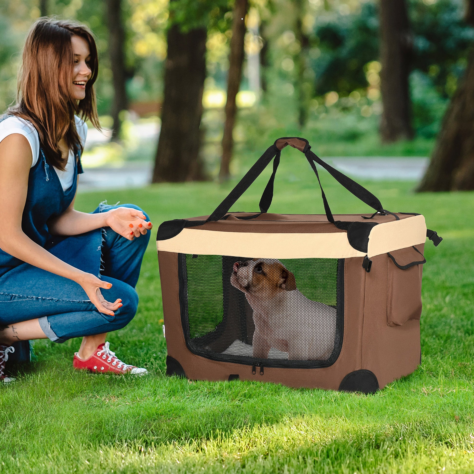 PawHut Cat Carrier, Dog Carrier, Dog Travel Crate, Folding, with Soft Cushion Mesh Window Fabric 70Lx51Wx50Hcm - Brown 