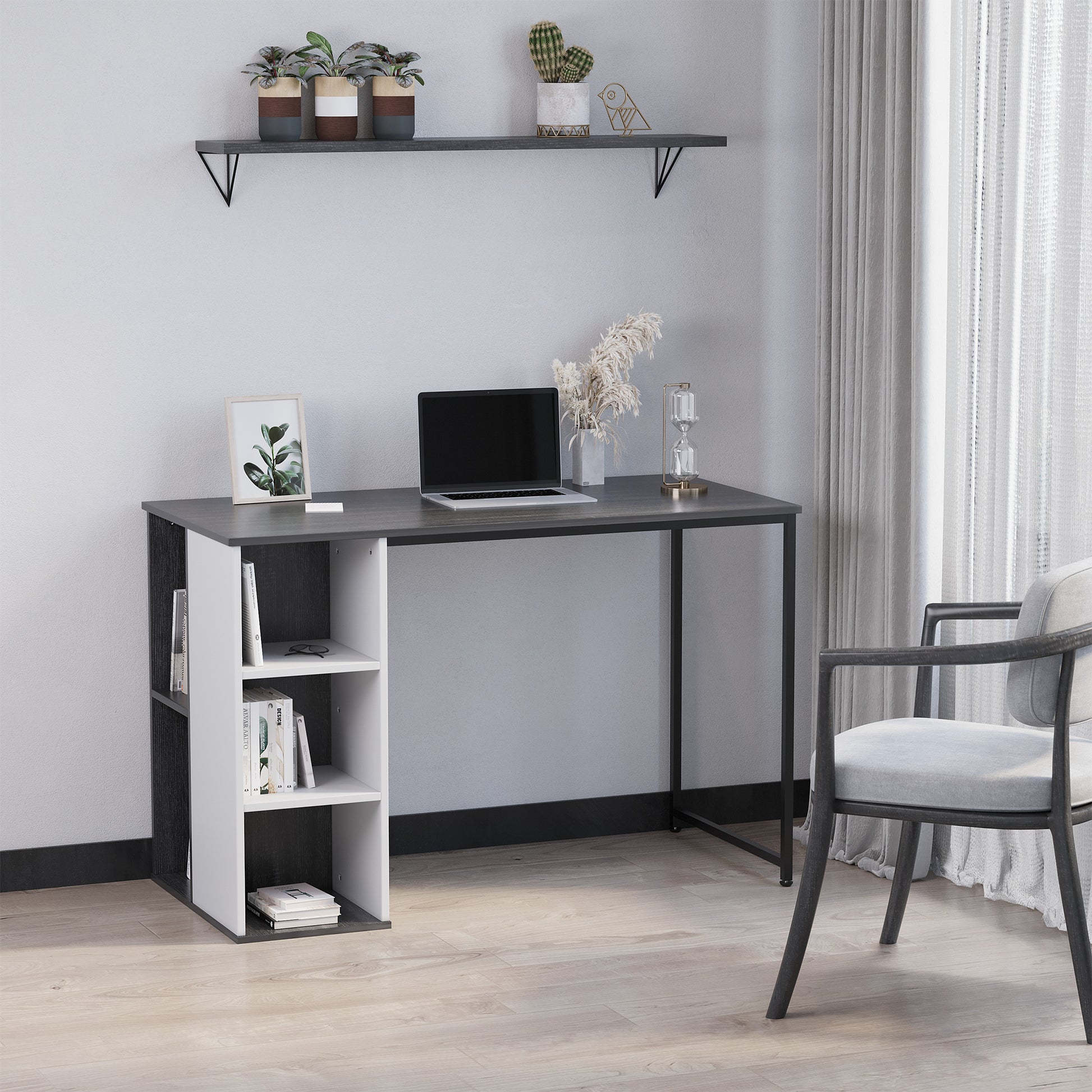 HOMCOM Study Desk with Storage Shelves, Home Office Computer Desk Writing Table Workstation, Grey 