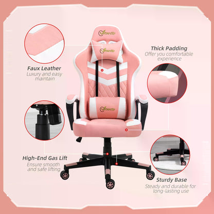 Pink Gaming Chair, Ergonomic with Lumbar Support, Headrest, Swivel Wheel, PVC Leather Gamer Desk Chair for Home Office,