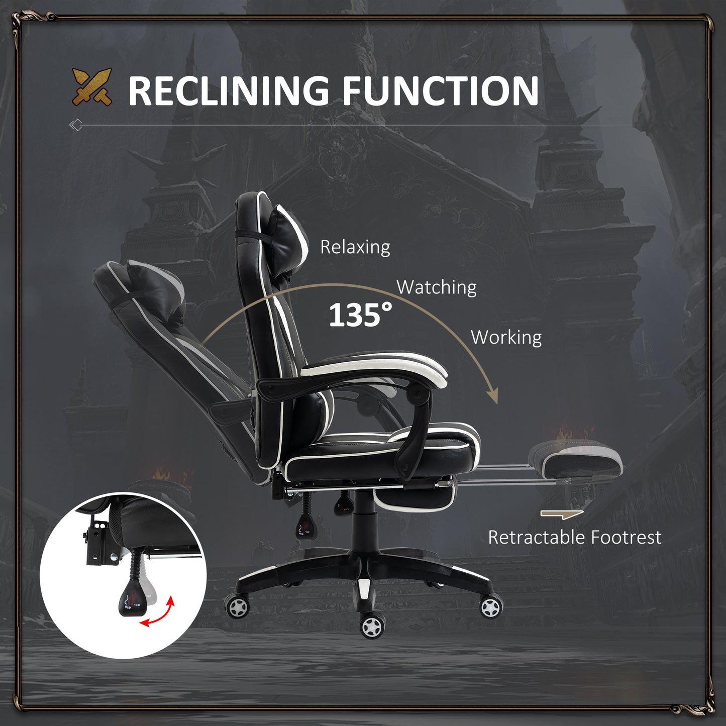 Gaming Chair with Footrest 135° Reclining High Back Racing Chair PU Leather Executive Swivel Chair with Headrest, Black White