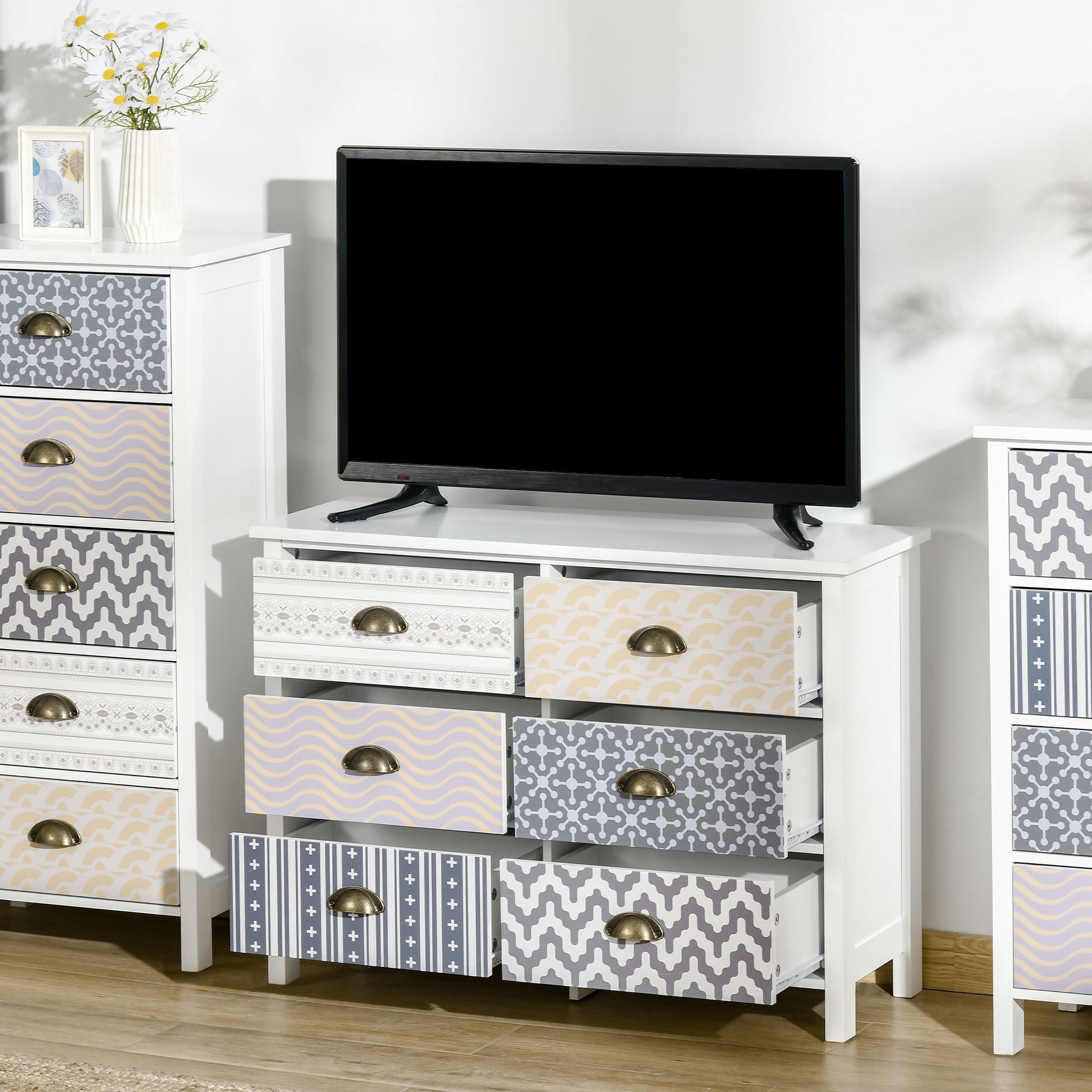 HOMCOM 6 Drawer Chest of Drawers Storage Cabinet w/Metal Handles Colourful Patterns Anti-tipping for Living Room, Bedroom 