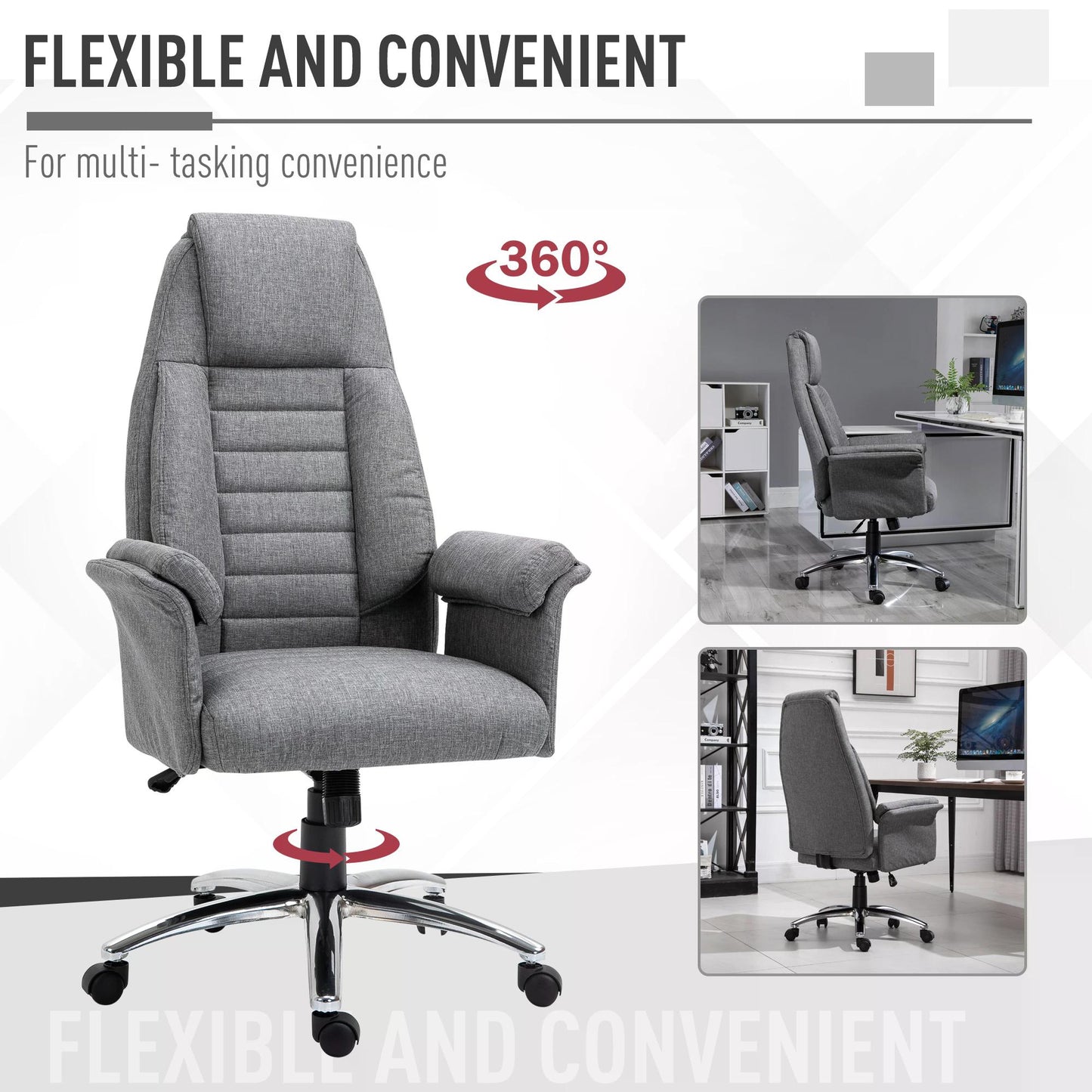 Homcom High Back Office Chair, Grey Desk Chair, Linen-Feel Fabric, Hight Adjustable, Rocking, Double-Tier Armrest