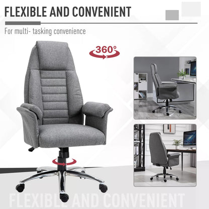 Homcom High Back Office Chair, Grey Desk Chair, Linen-Feel Fabric, Hight Adjustable, Rocking, Double-Tier Armrest