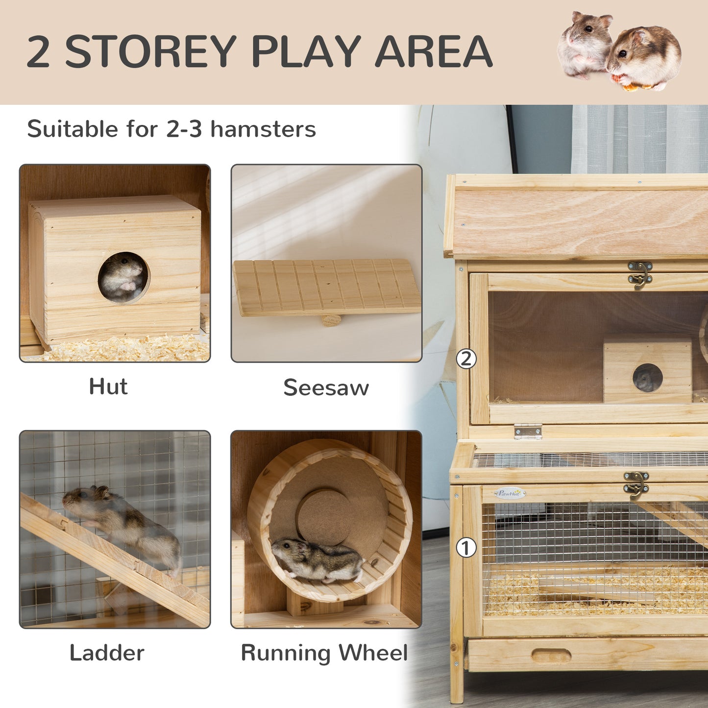 Hamster House, Wooden, Mice Rodent Small Animals Hutch Double Layers Exercise Play House 63.5 x 62 x 78 cm Natural